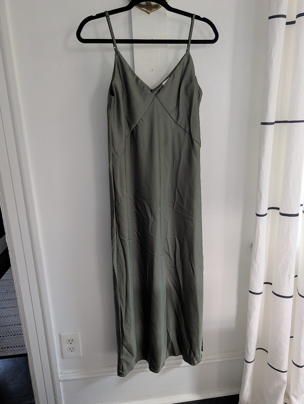 A New Day Olive Green Satiny Slip Maxi Dress Spaghetti Straps Adjustable Size M
